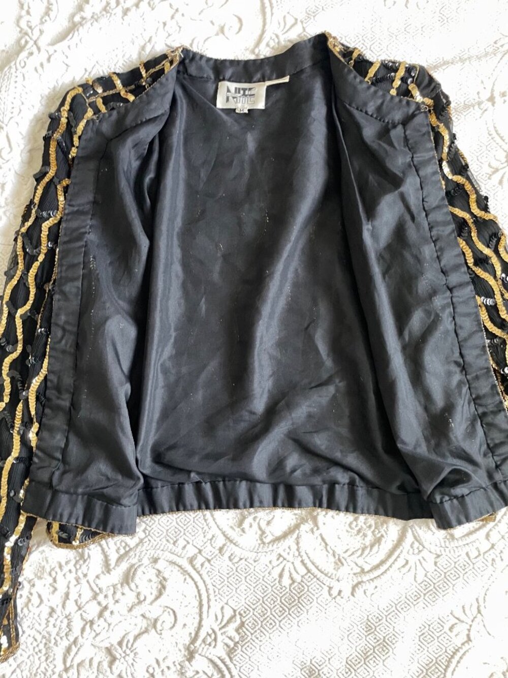 Vintage 1990s Nite Line Maximalist Black + Gold Silk Sequin Top Women’s Medium - Picture 15 of 16